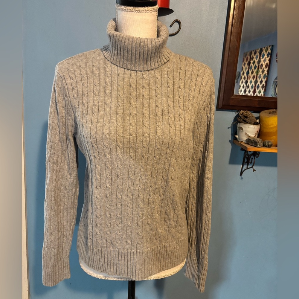 Jeanne Pierre, Gray, Cable Knit, Turtleneck, Sweater